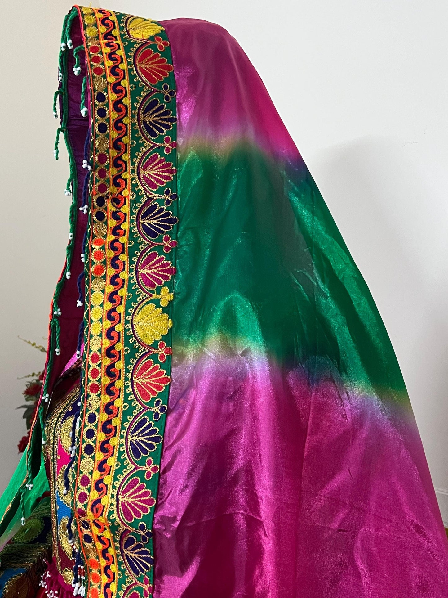 Afghan Kuchi Dress: Three-Piece Multi-Color Satin Tribal Gown