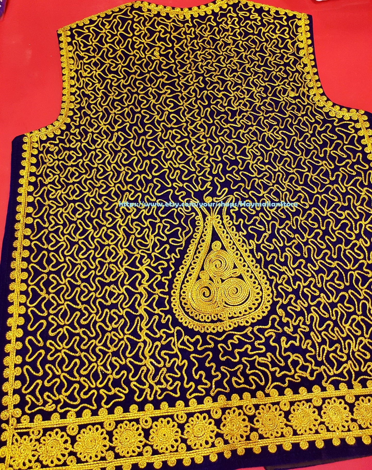 Afghan Traditional men's Blue velvet vest with heavy Silver braided embroidery