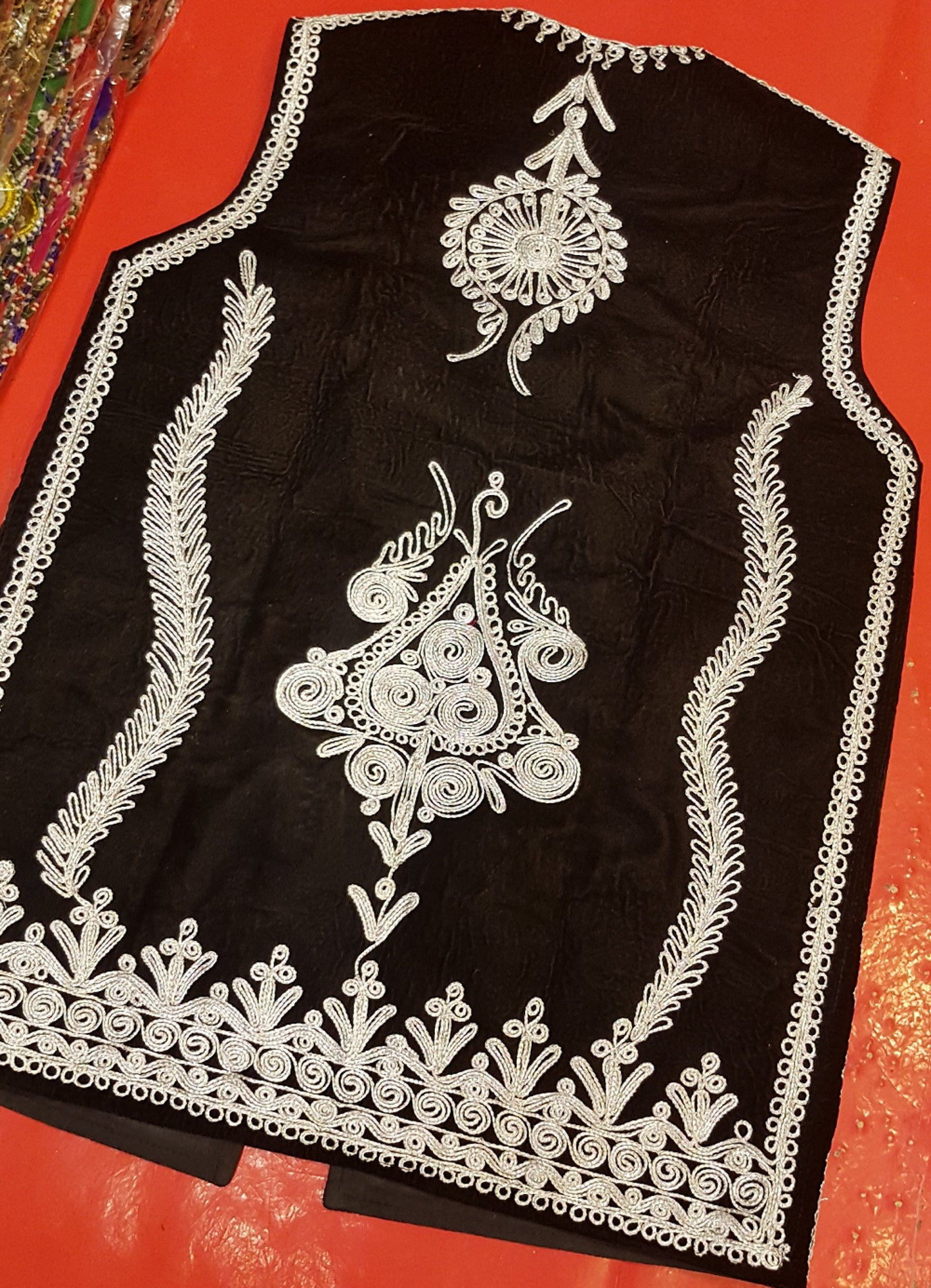 Afghan Traditional men's Black velvet vest with heavy Silver braided embroidery