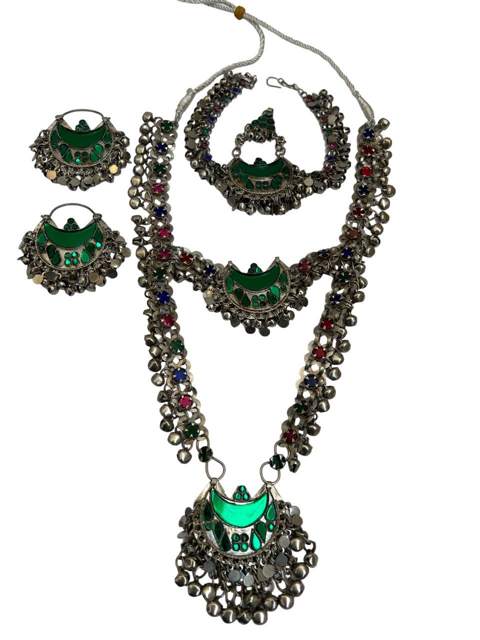Afghan Tribal Necklace set with earrings and Mathapatti, Traditional Antique Handmade Jewelry Kuchi Boho