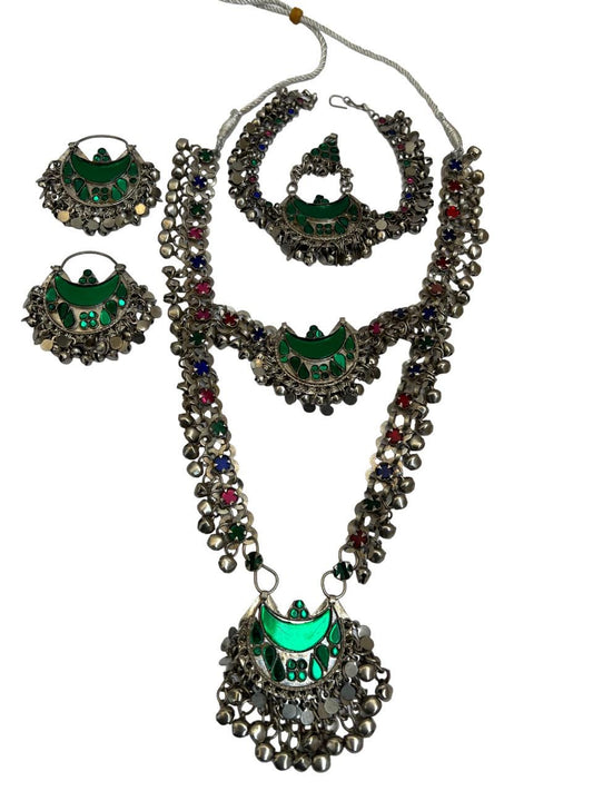 Afghan Tribal Necklace set with earrings and Mathapatti, Traditional Antique Handmade Jewelry Kuchi Boho