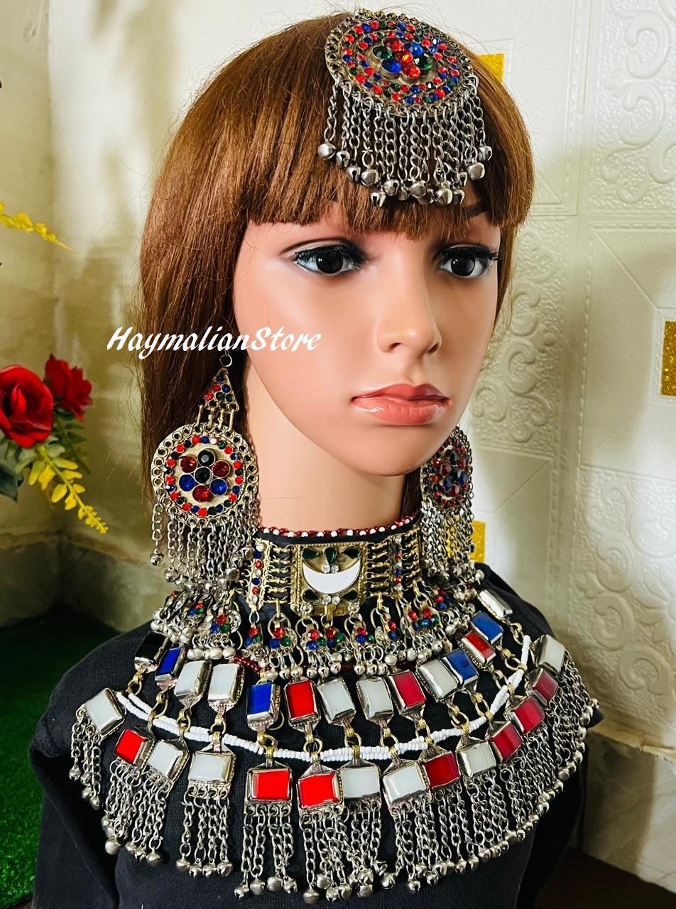 Afghan Kuchi multi color Necklace set with headdress and earrings
