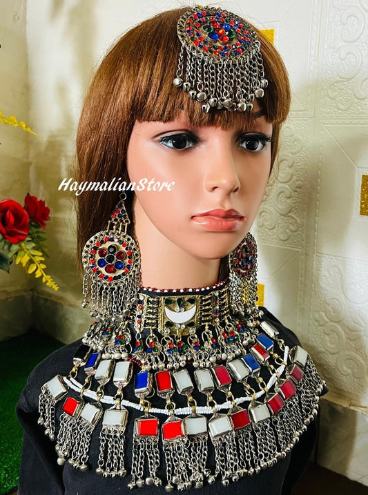 Afghan Kuchi multi color Necklace set with headdress and earrings