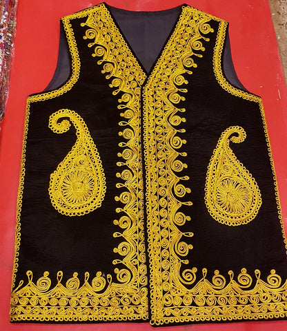 Afghan Traditional men's Black velvet vest with heavy Golden braided embroidery