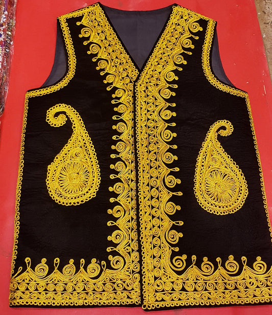 Afghan Traditional men's Black velvet vest with heavy Golden braided embroidery