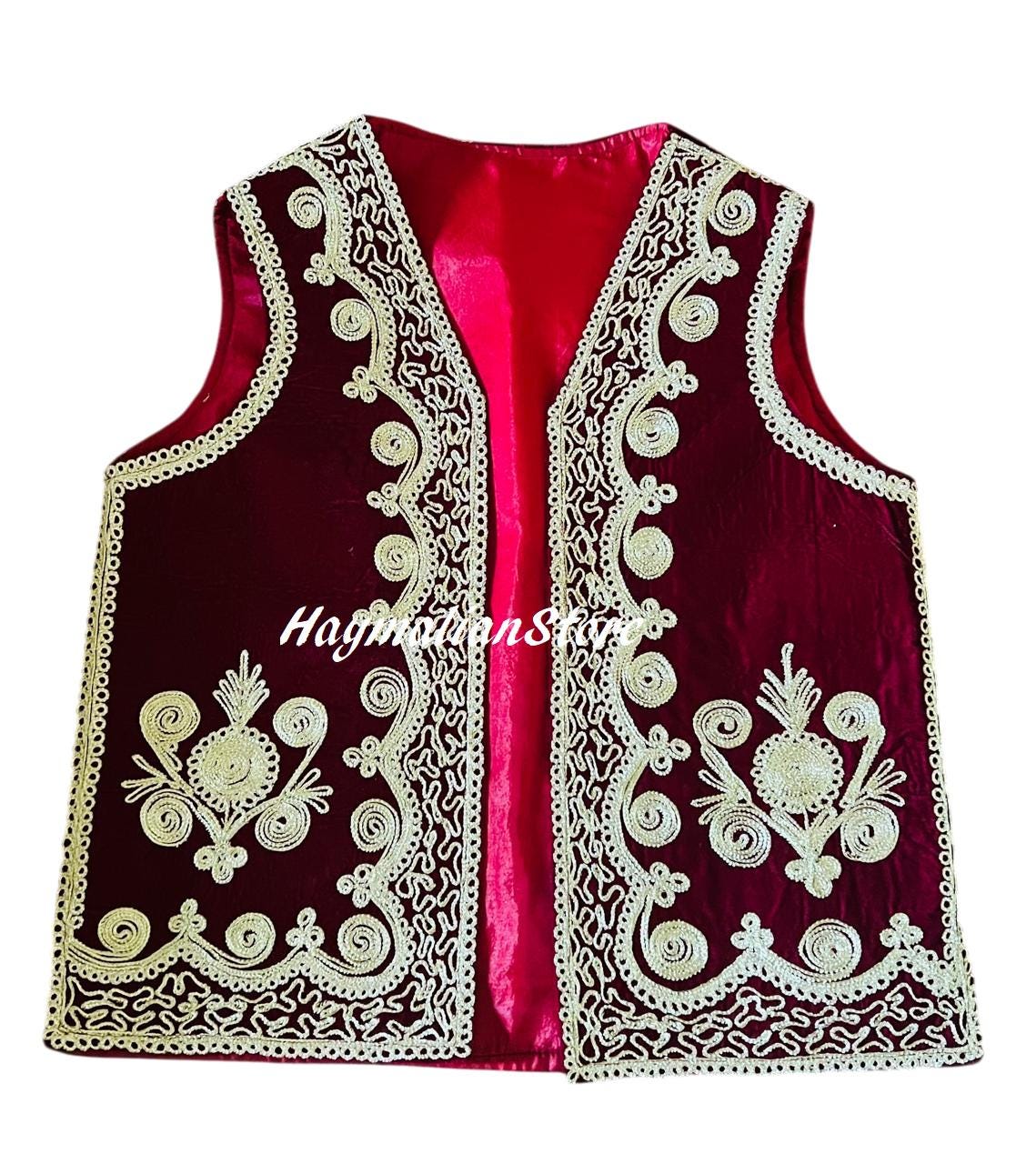 Afghan Burgundy Velvet Vest: Traditional Golden Embroidery, Beaded Mirrors