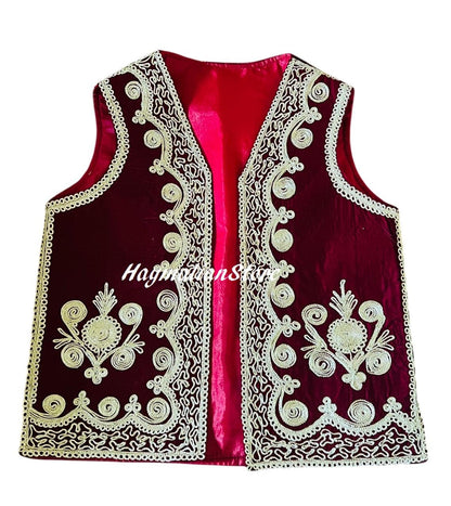Afghan Burgundy Velvet Vest: Traditional Golden Embroidery, Beaded Mirrors