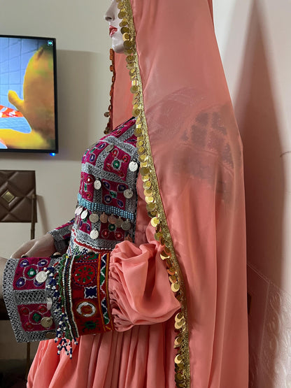 Afghan Kuchi Dress: Tea Pink Coin Trim, 3-Piece Ethnic Gown