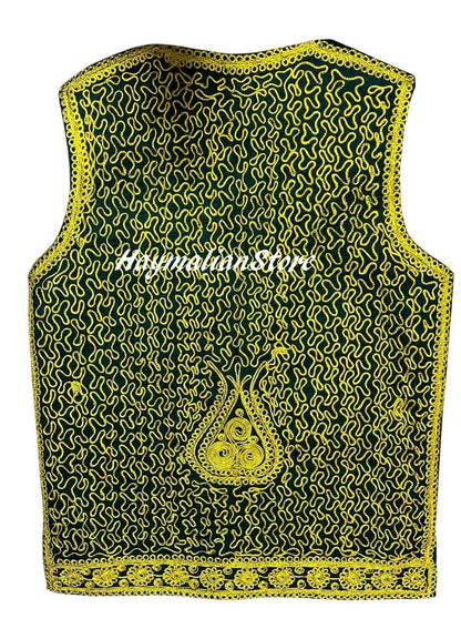 Embroidered Afghan Velvet Vest: Golden Pashtun Style