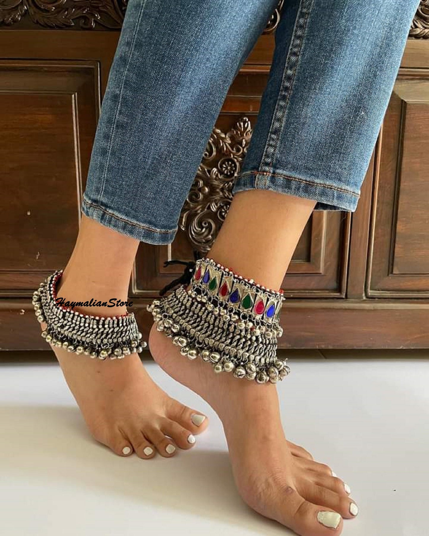 Afghan Kuchi Silvered Metal Anklet Pair: Tribal Chain Design