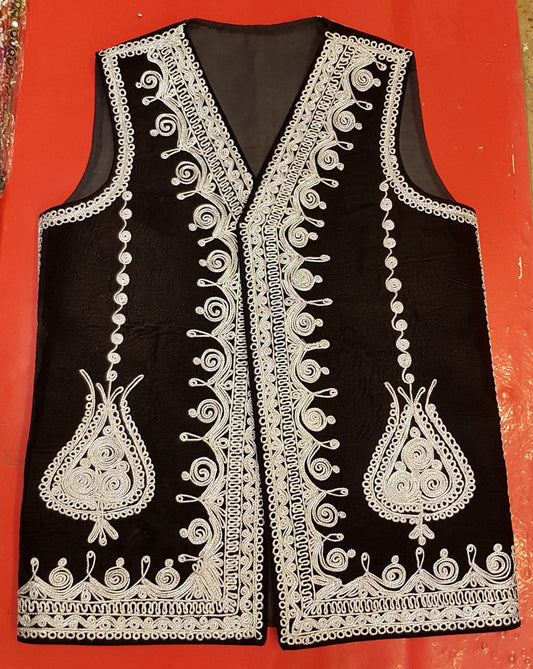 Afghan Traditional men's Black velvet vest with heavy Silver braided embroidery