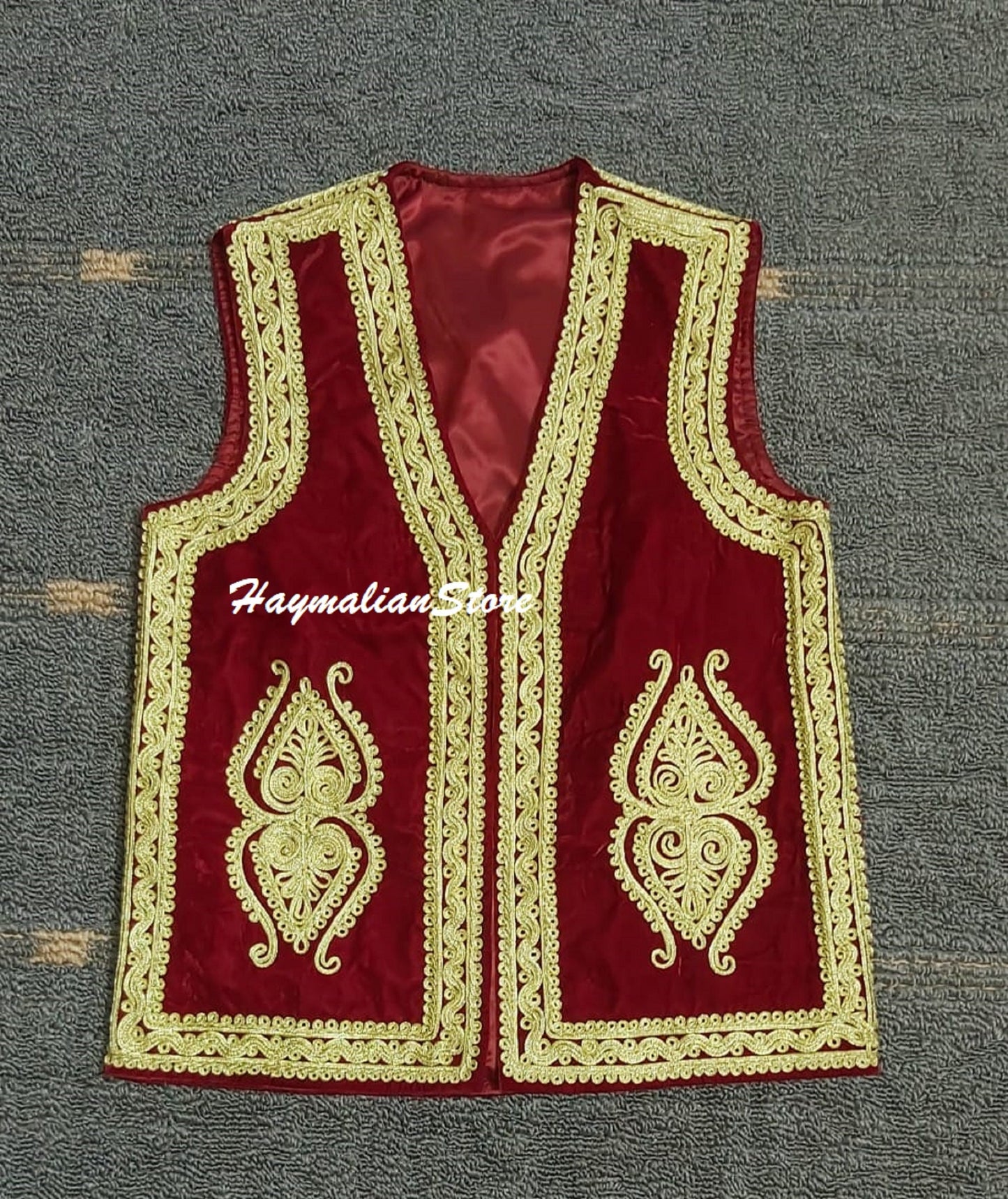 Afghan Traditional men's Red velvet vest with heavy Golden braided embroidery