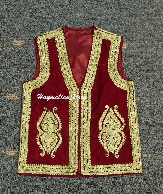 Afghan Traditional men's Red velvet vest with heavy Golden braided embroidery