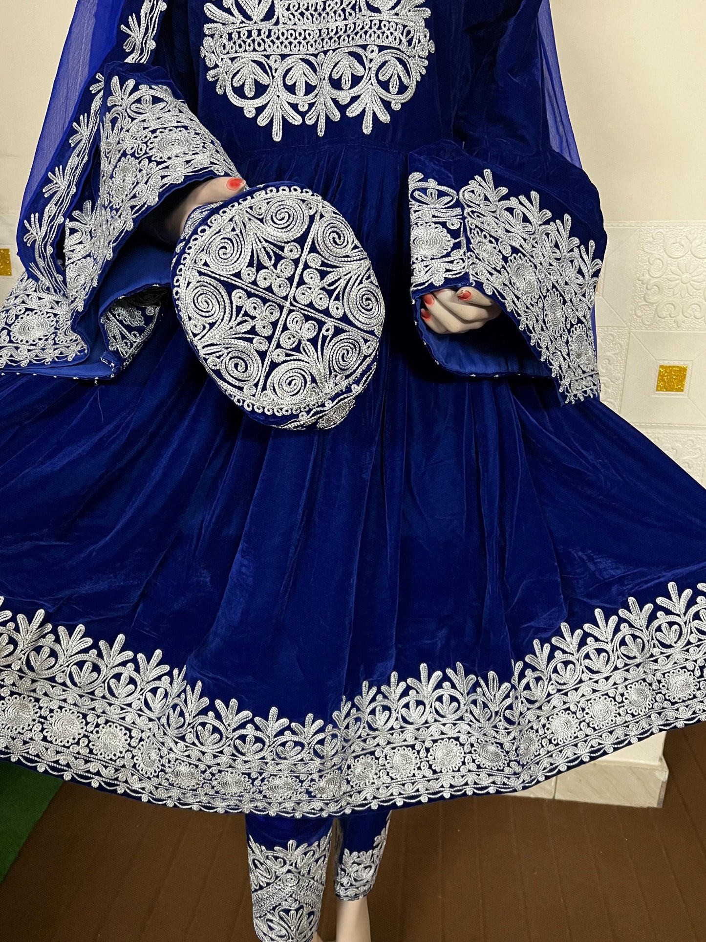 Handmade Afghan Kuchi Dress: Gray Jamawar Fabric, Tribal Boho 3-Piece