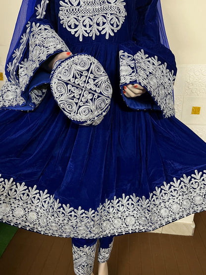 Handmade Afghan Kuchi Dress: Gray Jamawar Fabric, Tribal Boho 3-Piece