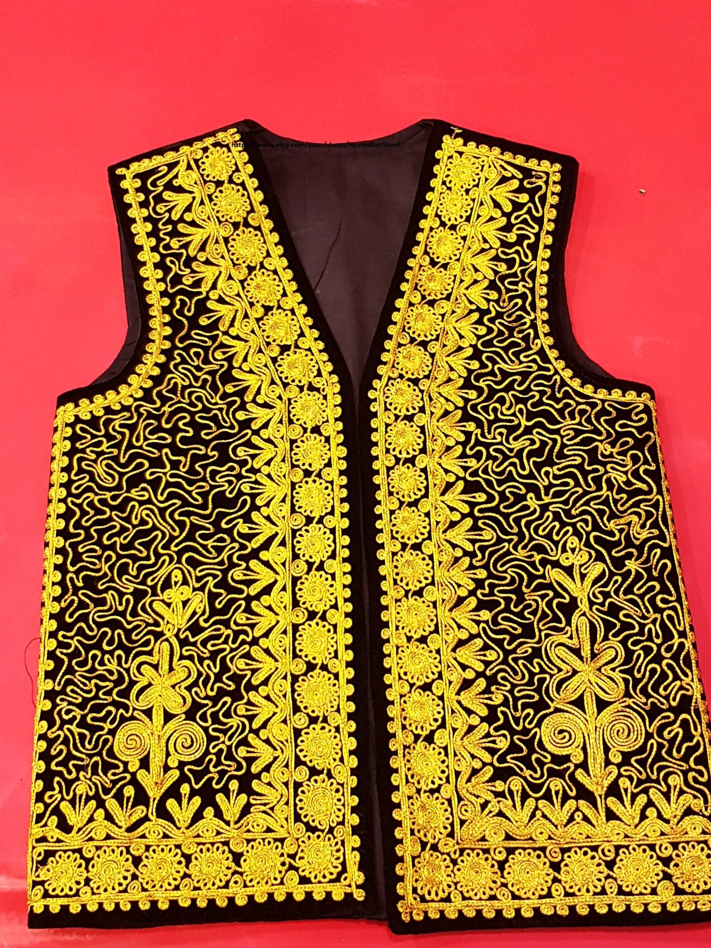 Afghan Traditional men's Black velvet vest with heavy gold braided embroidery