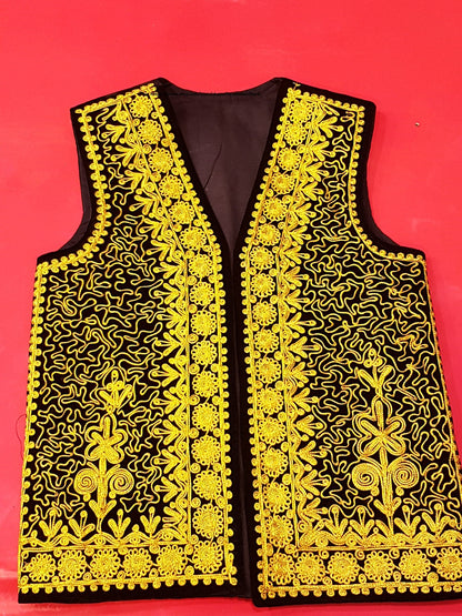 Afghan Traditional men's Black velvet vest with heavy gold braided embroidery
