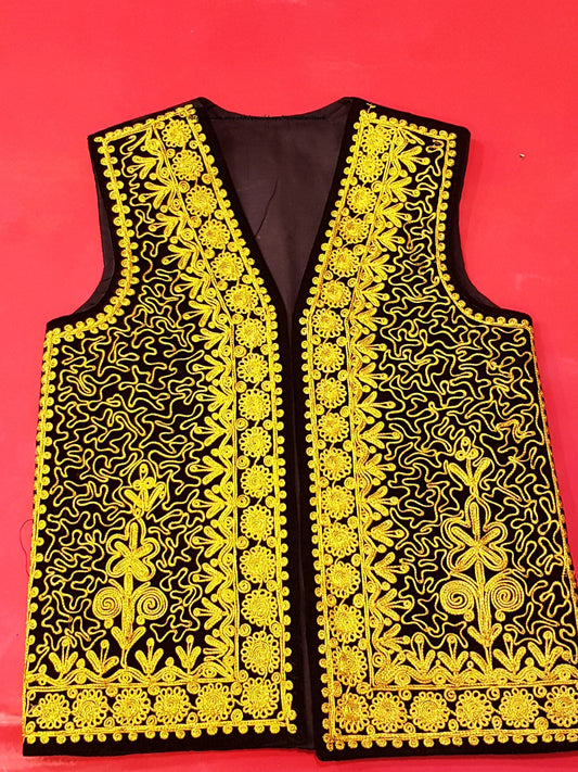Afghan Traditional men's Black velvet vest with heavy gold braided embroidery