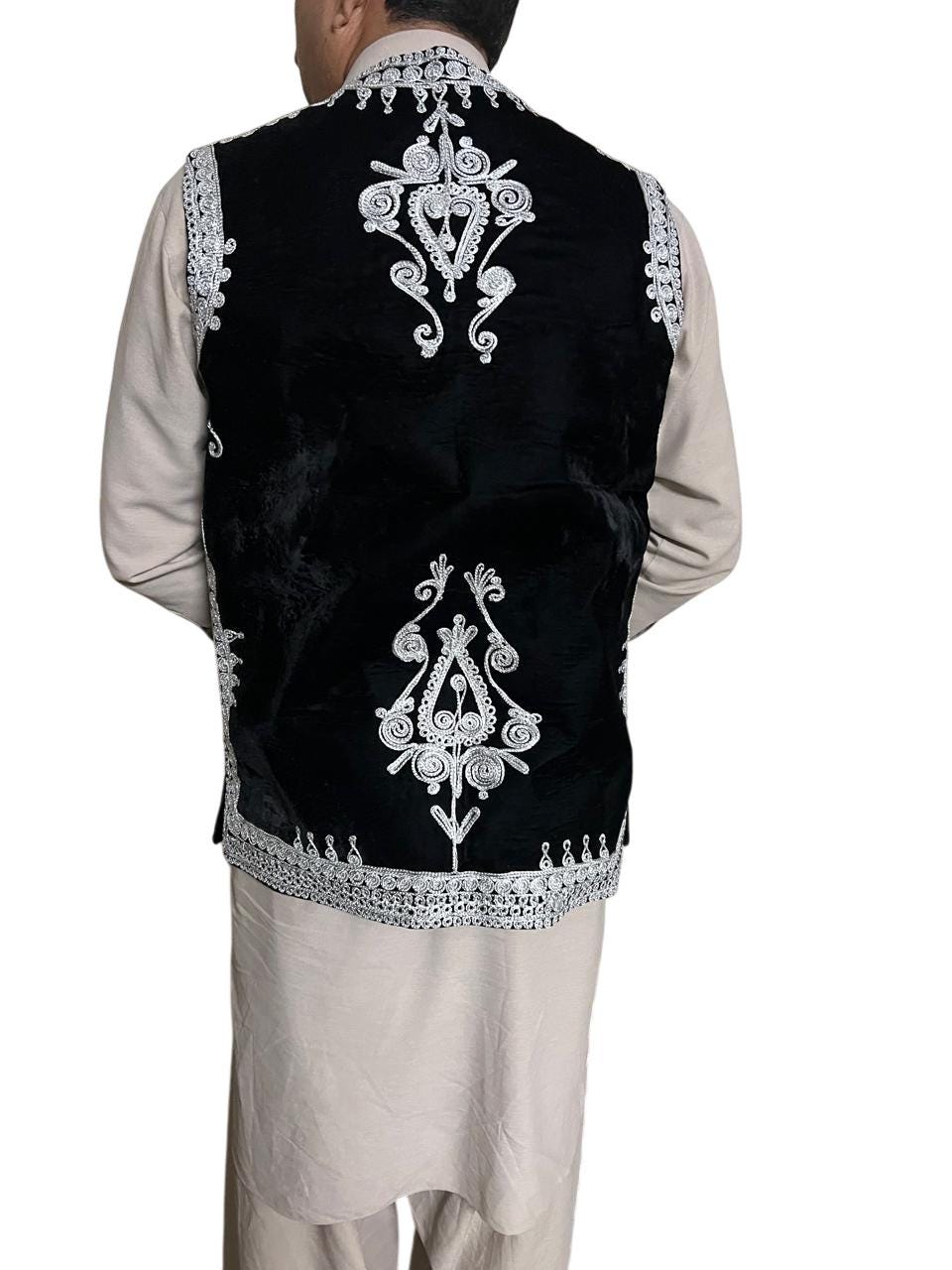 Afghan Traditional men's Black velvet vest with heavy Silver braided embroidery