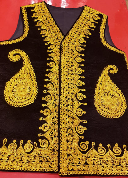 Afghan Traditional men's Black velvet vest with heavy Golden braided embroidery