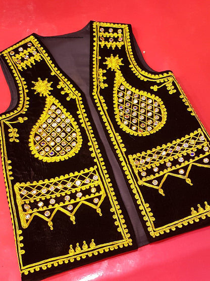Afghan Traditional men's Black velvet vest with heavy gold braided embroidery