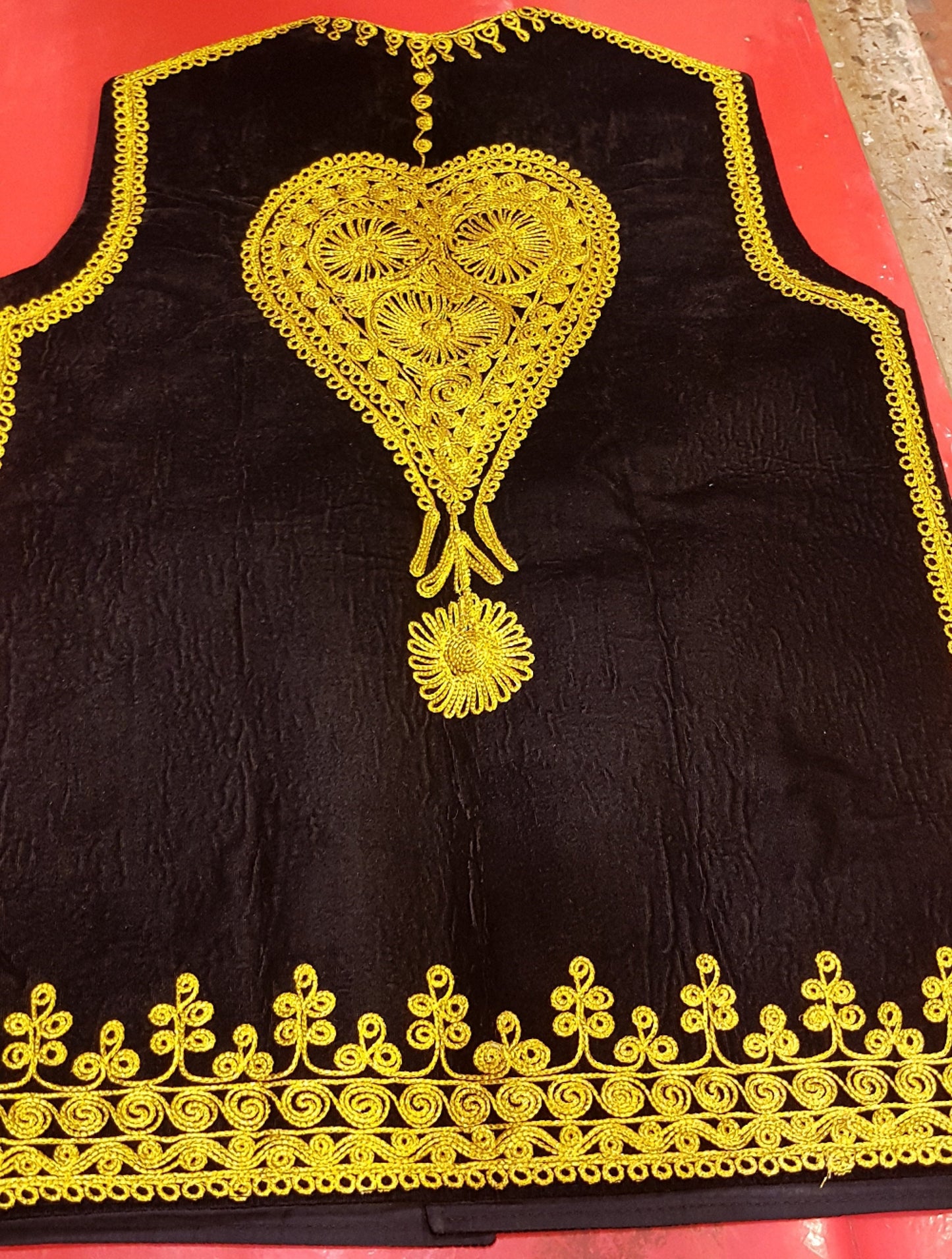Afghan Traditional men's Black velvet vest with heavy Golden braided embroidery