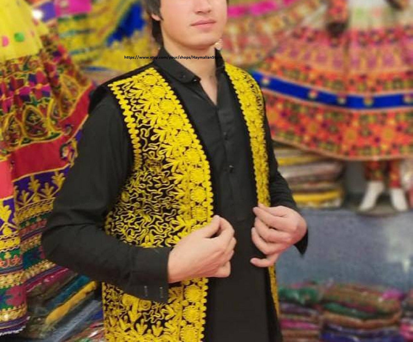 Afghan Traditional men's Black velvet vest with heavy gold braided embroidery