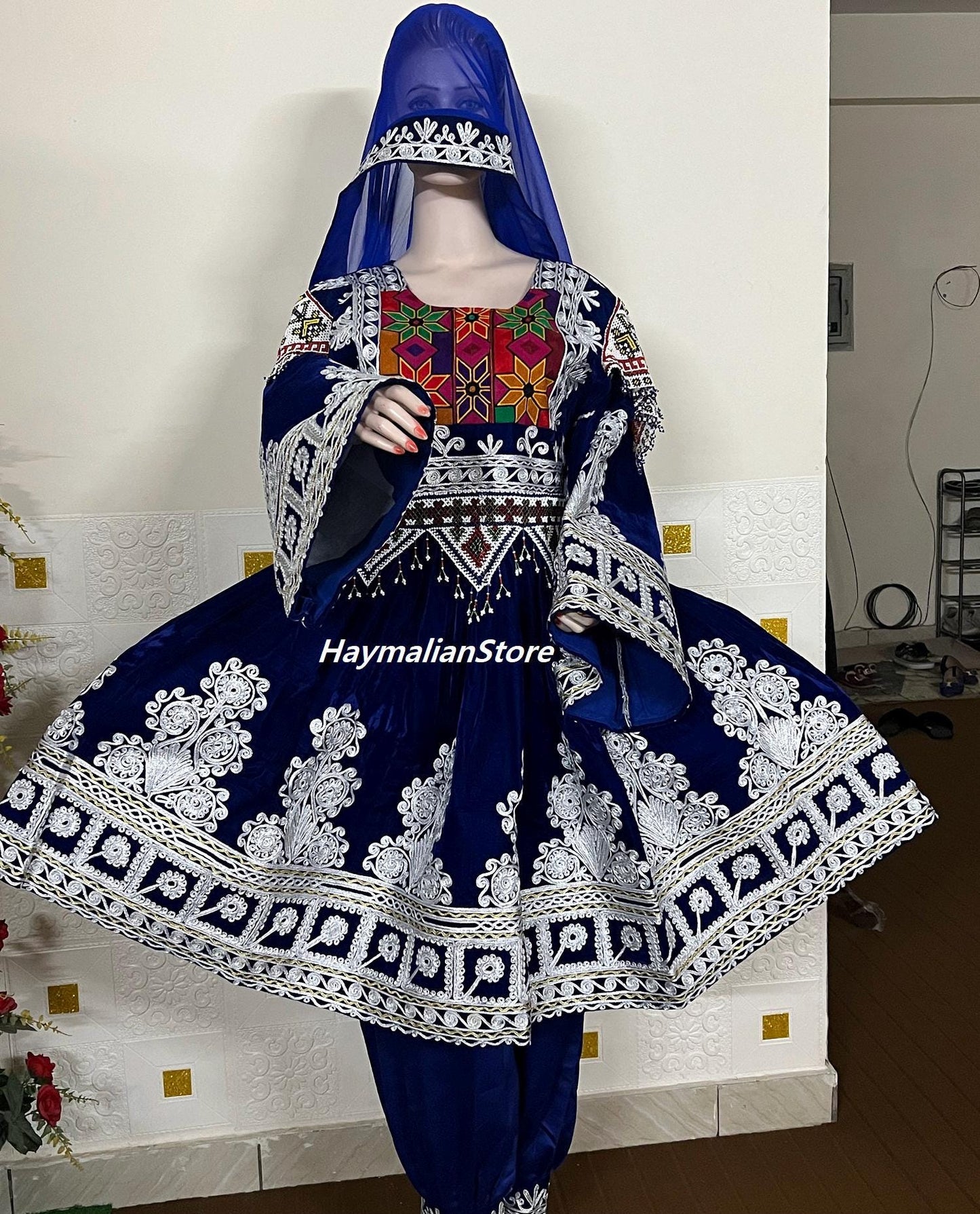 Handmade Afghan Kuchi Dress: Gray Jamawar Fabric, Tribal Boho 3-Piece