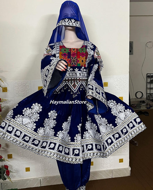 Handmade Afghan Kuchi Dress: Gray Jamawar Fabric, Tribal Boho 3-Piece