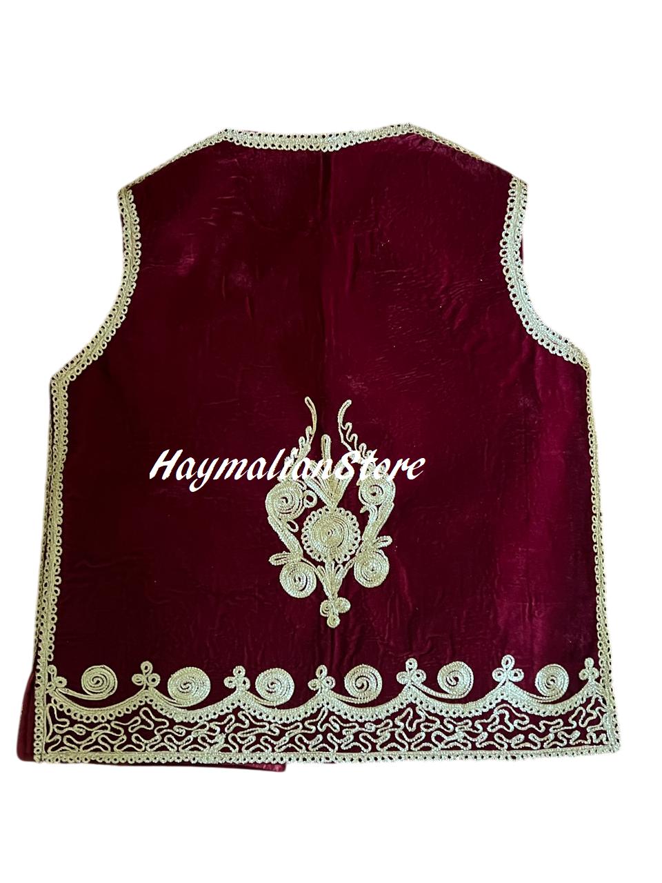 Afghan Burgundy Velvet Vest: Traditional Golden Embroidery, Beaded Mirrors