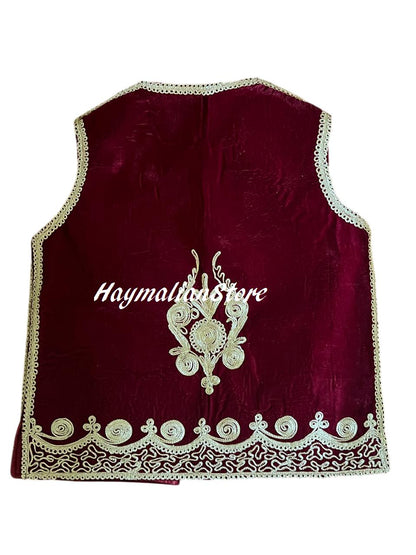 Afghan Burgundy Velvet Vest: Traditional Golden Embroidery, Beaded Mirrors