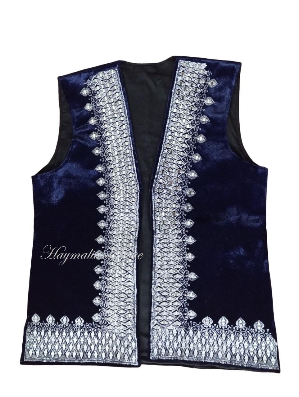 Afghan Velvet Vest: Silver Embroidered Sleeveless Vest
