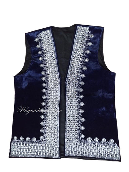 Afghan Velvet Vest: Silver Embroidered Sleeveless Vest