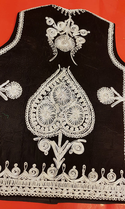 Afghan Traditional men's Black velvet vest with heavy Silver braided embroidery