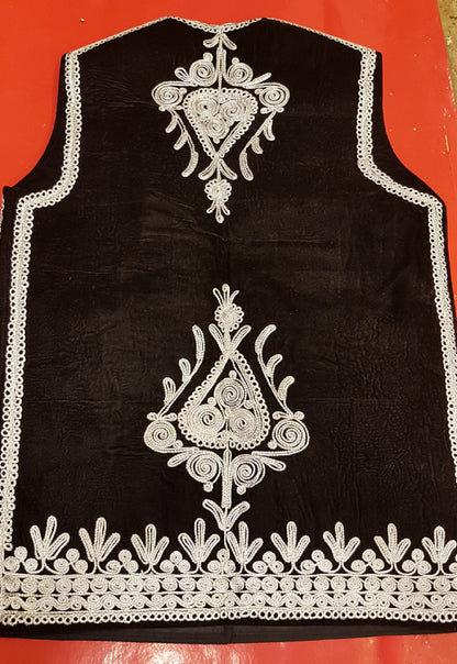 Afghan Traditional men's Black velvet vest with heavy Silver braided embroidery