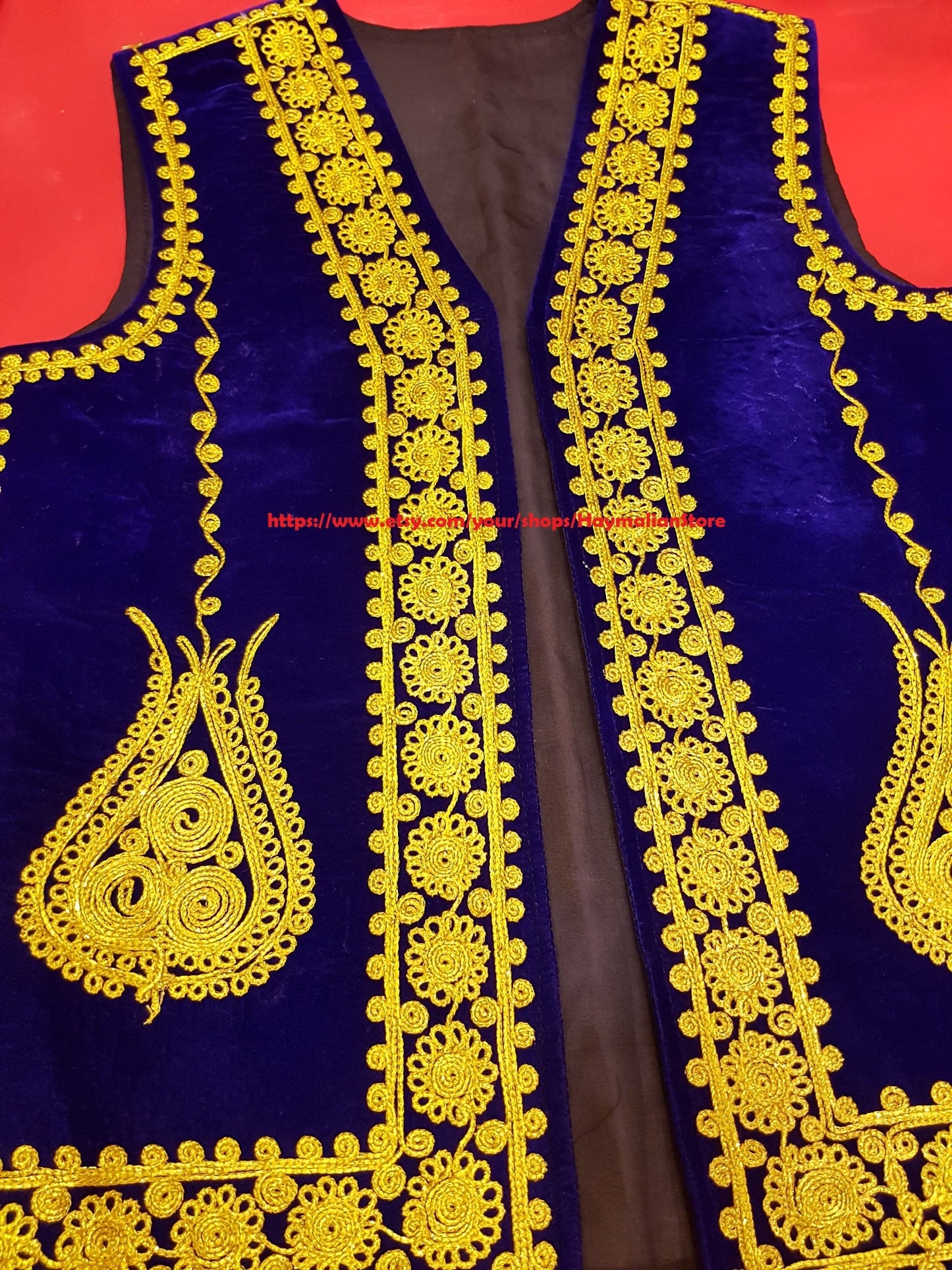 Afghan Traditional men's Blue velvet vest with heavy Silver braided embroidery