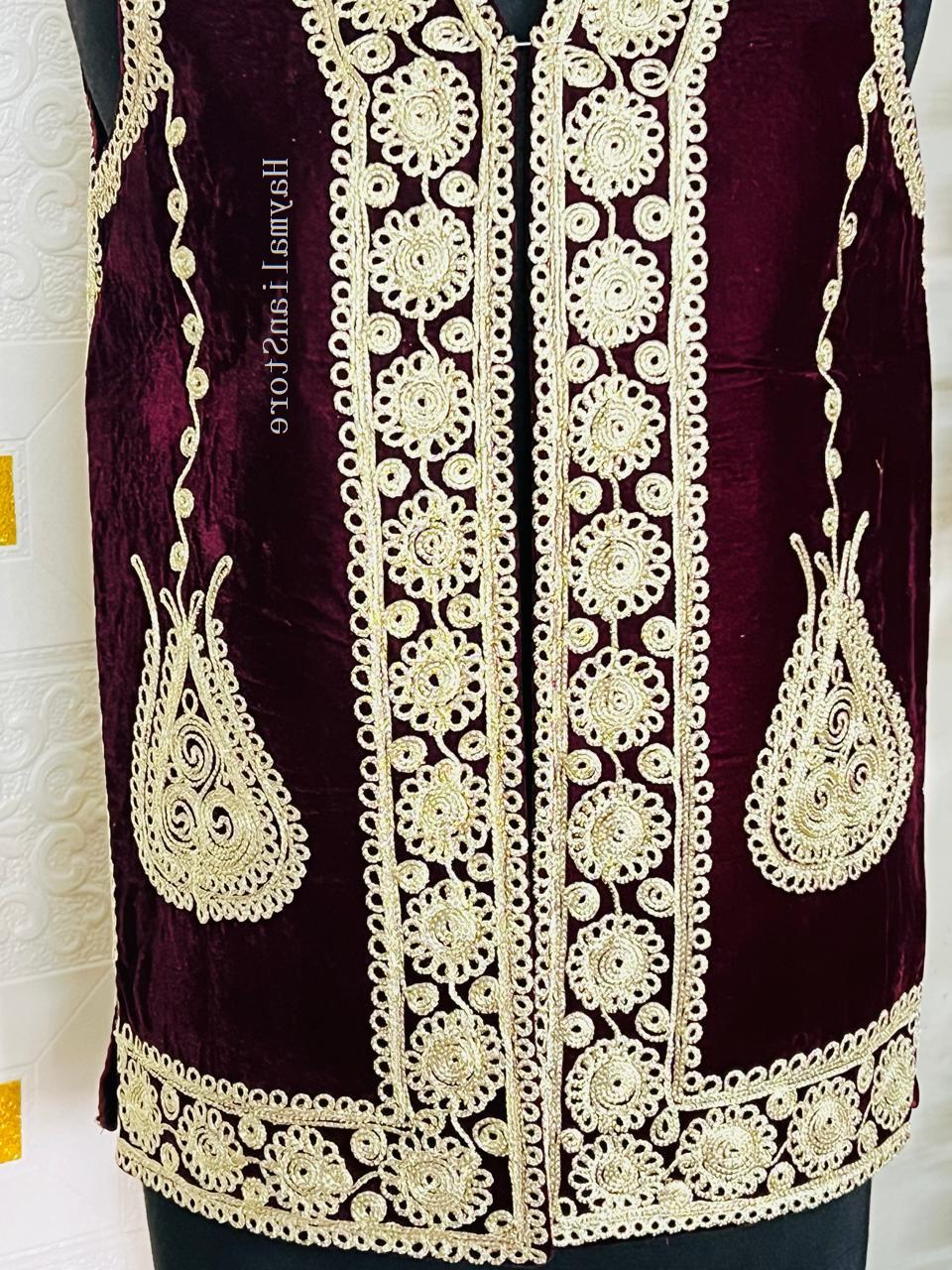 Afghan Traditional men's Mehroon velvet vest with heavy Gold braided embroidery