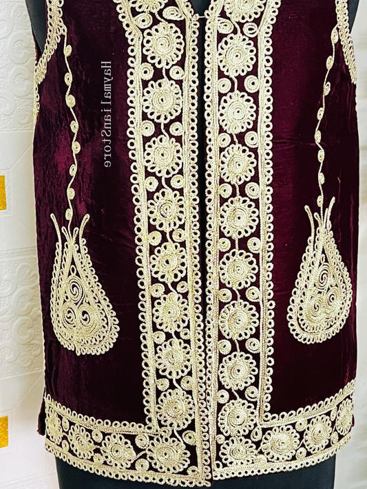 Afghan Traditional men's Mehroon velvet vest with heavy Gold braided embroidery