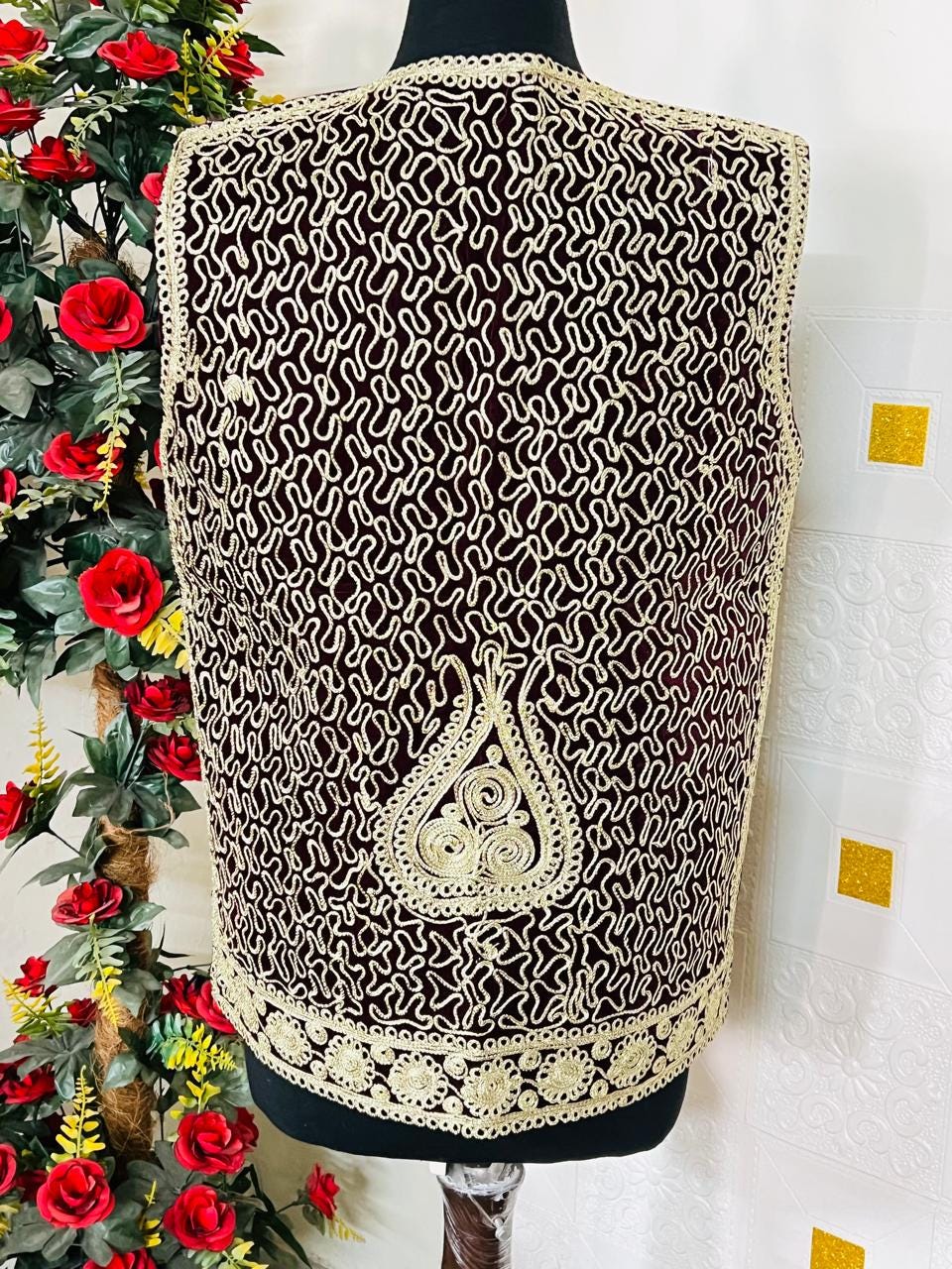 Afghan Traditional men's Mehroon velvet vest with heavy Gold braided embroidery