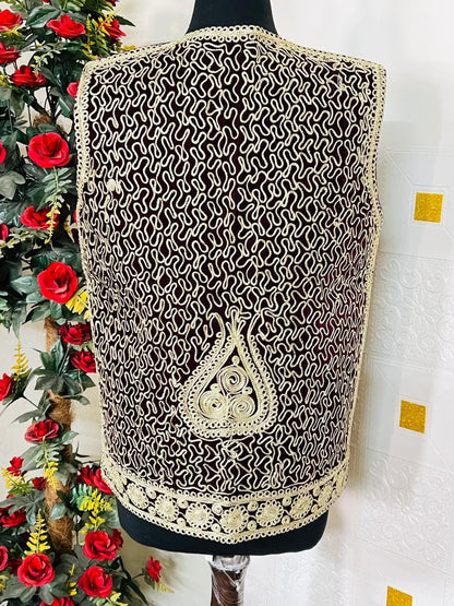 Afghan Traditional men's Mehroon velvet vest with heavy Gold braided embroidery