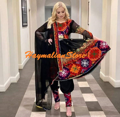 Handmade Afghan Kuchi Dress: Tribal Embroidered 3-Piece Set