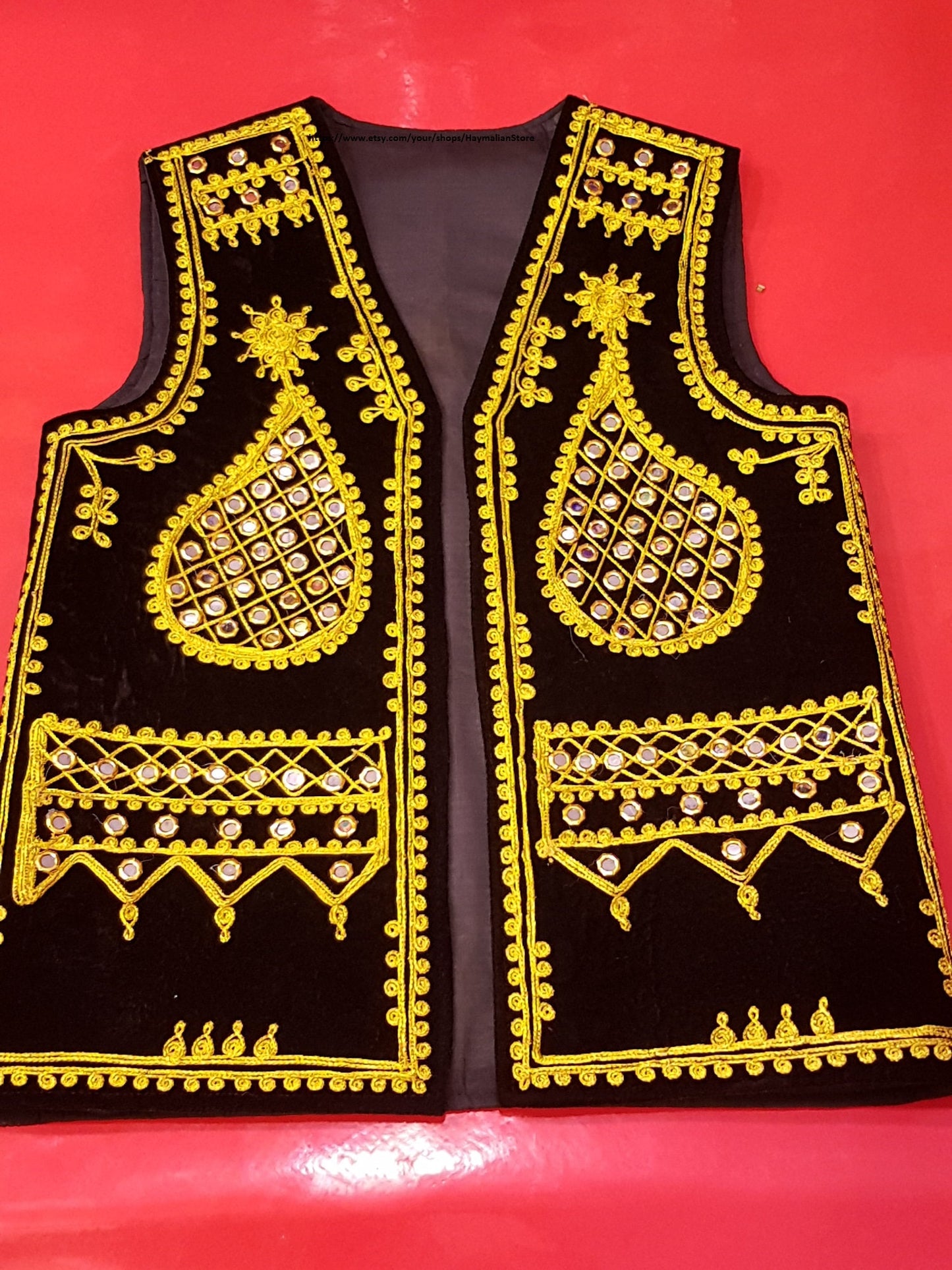 Afghan Traditional men's Black velvet vest with heavy gold braided embroidery