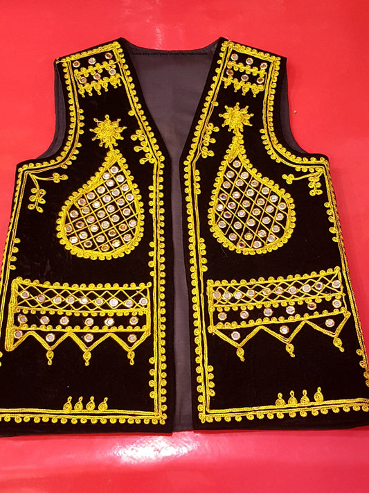 Afghan Traditional men's Black velvet vest with heavy gold braided embroidery