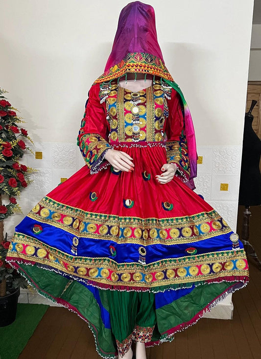 Afghan Kuchi Dress: Three-Piece Multi-Color Satin Tribal Gown