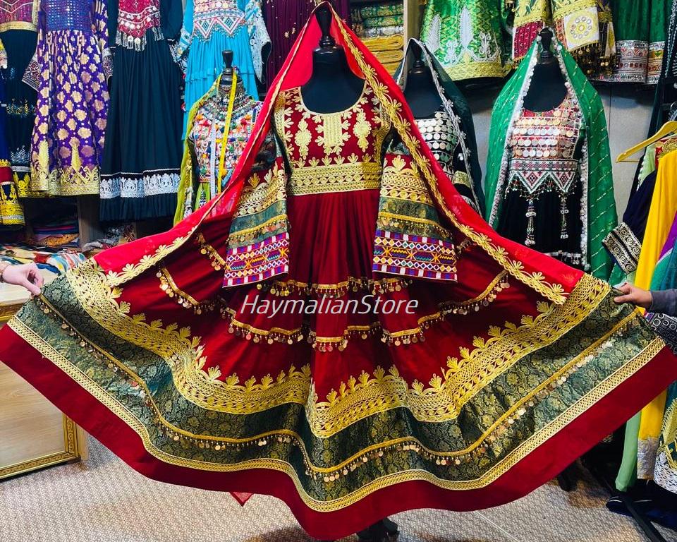 Afghan Kuchi Red Coin Dress: Traditional Charma Dozi Embroidery