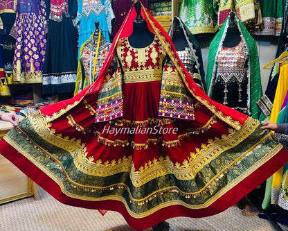 Afghan Kuchi Red Coin Dress: Traditional Charma Dozi Embroidery