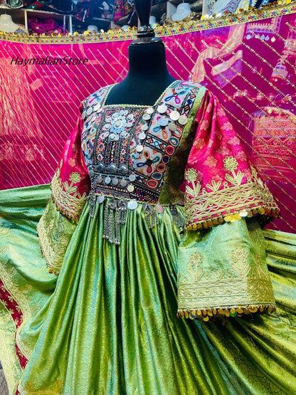 Afghan Kuchi Green Dress: Embroidered Coin Dress with Charma Dozi Work