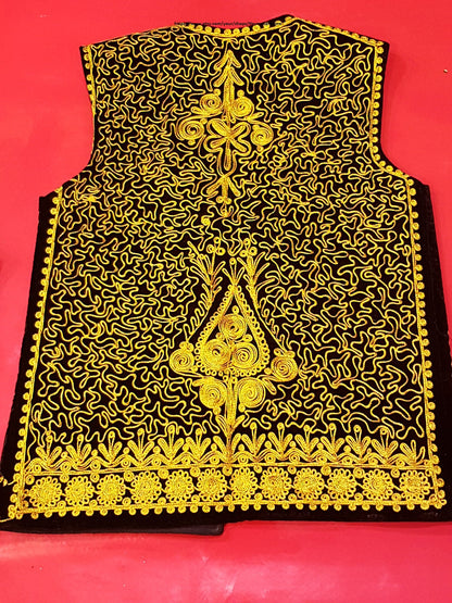 Afghan Traditional men's Black velvet vest with heavy gold braided embroidery
