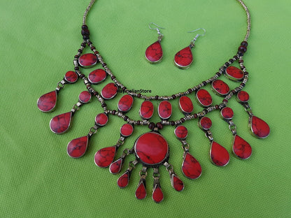 Red Coral Afghan Turkmen Tribal Ethnic Kuchi Necklace Circle 3 Layers