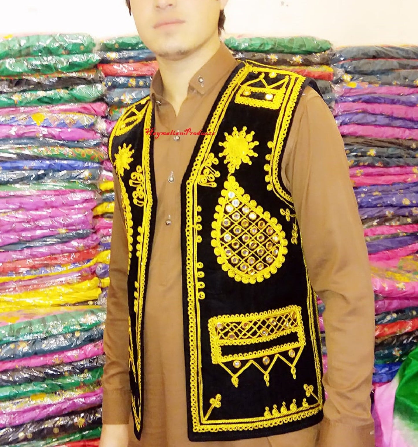 Afghan Traditional men's Black velvet vest with heavy gold braided embroidery